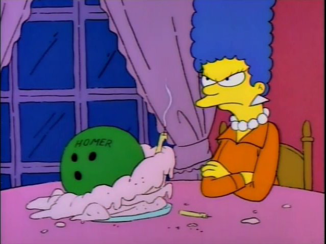 Marge receives a bowling ball with Homer's name engraved on it. 