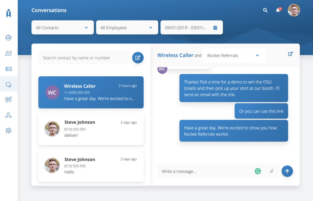 Rocket Referrals Text Messaging: Have real-time conversations with clients.